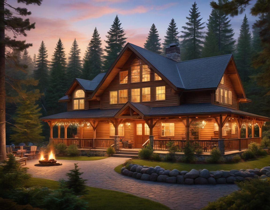 A warm, inviting scene of the Charming Crocker Lodge nestled in a serene forest setting, with soft, glowing lights illuminating the exterior at dusk. Include guests enjoying a cozy bonfire, surrounded by pine trees, with mugs of hot cocoa in hand, as the sky transitions to twilight. Emphasize the lodge's rustic architecture and welcoming atmosphere. super-realistic. warm tones. vibrant colors.
