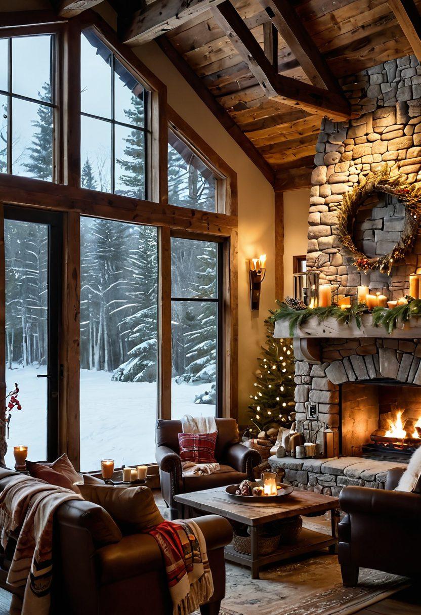 A cozy lodge interior with a roaring fireplace, rustic wooden beams, plush armchairs draped with soft, warm blankets, and a window showcasing a snowy landscape outside. A steaming mug of hot cocoa sits on a coffee table, inviting the viewer to relax and unwind. Subtle holiday decorations add a touch of charm. super-realistic. warm colors. cozy atmosphere.