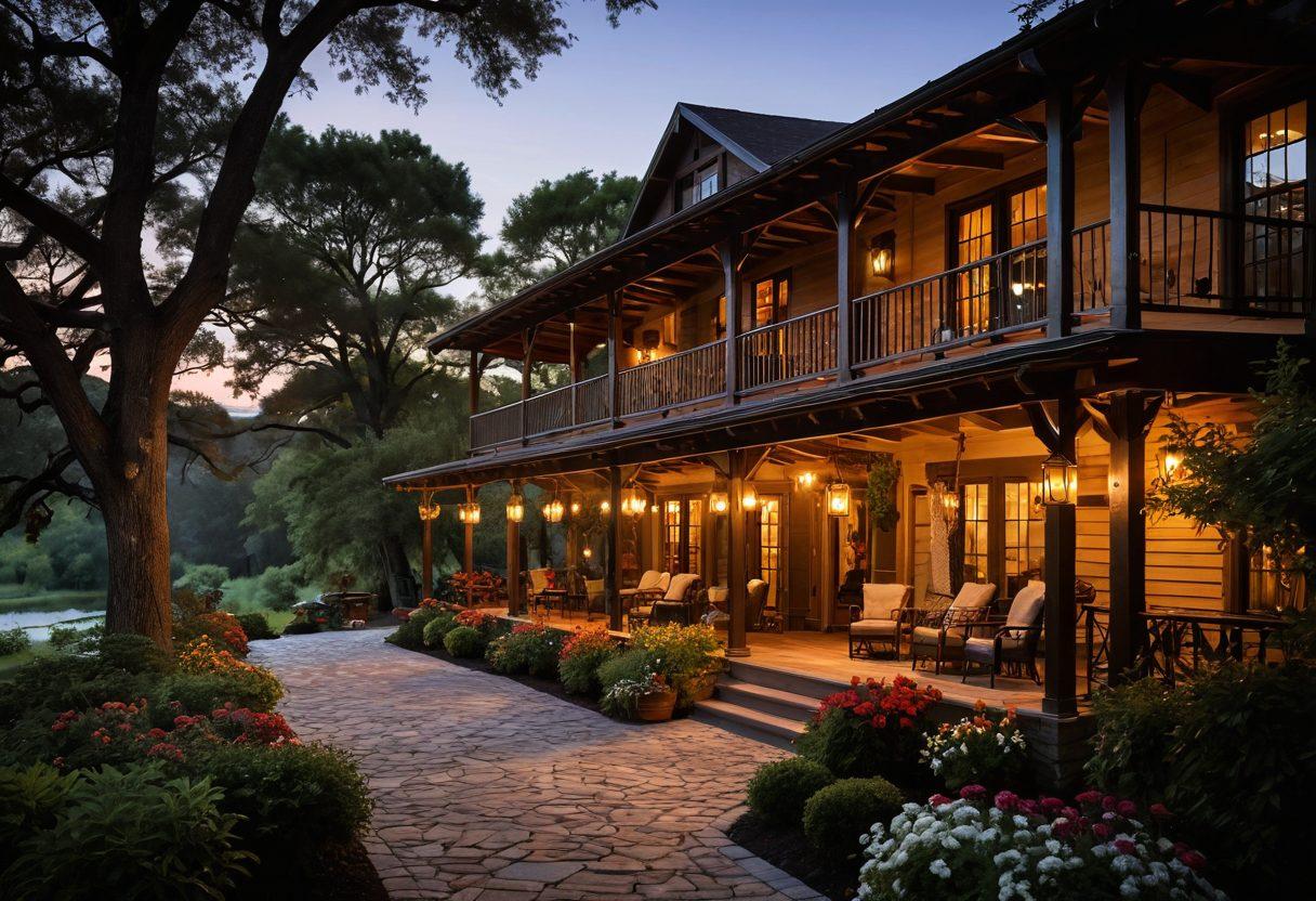 A serene and charming historic inn nestled among lush greenery, featuring rustic architecture with wooden beams and cozy porches. In the foreground, a warm entrance welcomes guests with blooming flowers and lanterns glowing softly at dusk. An inviting sitting area with vintage furniture invites relaxation, while the background showcases a scenic sunset illuminating the sky. The overall atmosphere evokes a sense of nostalgia and comfort. super-realistic. warm colors. natural lighting.